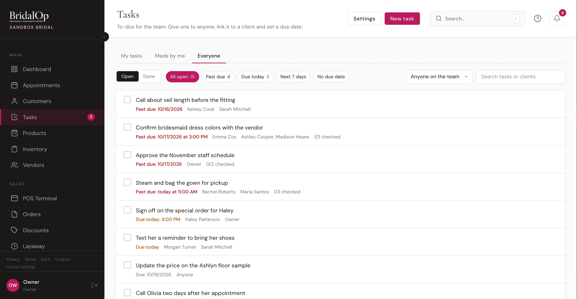 The BridalOp task list: tasks with due dates, the client each is linked to, who it's for and checklist progress